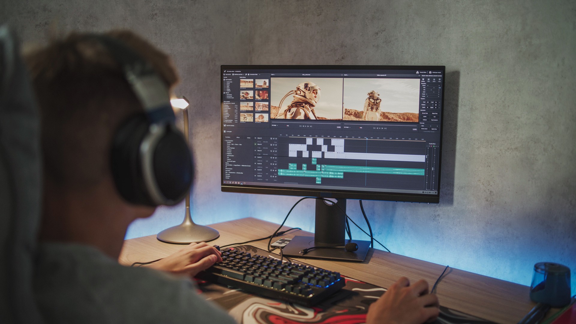 Teenage boy edits video or movie using video editing software on PC
